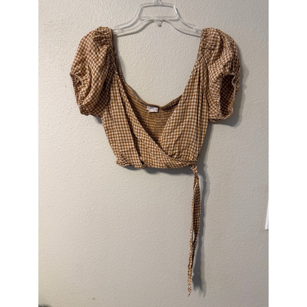 Aeropostale Brown Gingham Smocked Wrap Crop Top Puff Sleeve Size M